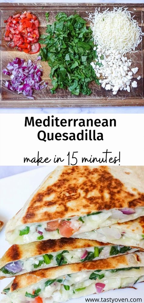 Savor the delightful flavors of the Mediterranean with this wholesome quesadilla recipe. Perfectly suited for both lunch and dinner, this dish combines fresh ingredients like spinach, sun-dried tomatoes, and feta cheese, all wrapped in a crispy tortilla. It's a quick and easy meal that brings a taste of the Mediterranean to your table, offering a nutritious and satisfying option for any day of the week. Enjoy a burst of flavor with every bite and make mealtime a delicious experience. Mediterranean Quesadilla, Healthy Quesadillas, Healthy Quesadilla Recipe, Quesadillas Recipes, Chicken And Veggie Recipes, Tomatoes And Feta Cheese, Tomatoes And Feta, Recipes Mediterranean, Creamy Hummus