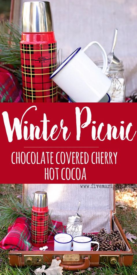 Winter Camping Food, Cherry Hot Chocolate, Xmass Inspiration, Glamping Christmas, Vegetarian Winter Recipes, Christmas Picnic, Winter Sledding, Chocolate Covered Cherry, Winter Picnic