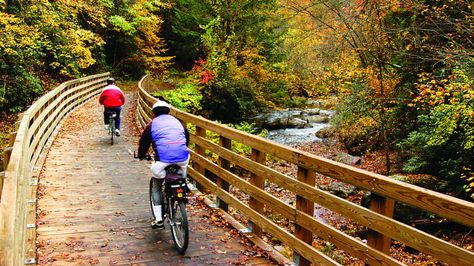 Best time to visit: Mid-October Why it's worth a visit: Named after the train course, the Virginia Creeper is the state's most stunning trail. The path follows the beautiful vistas and vibrant trees of the Blue Ridge Mountains, and gives riders the chance to legally trek to open private properties, offering colorful glimpses into rarely seen areas. In honor of its past, there's even an old train located at Abington. Find more information at vacreepertrail.com. Virginia Creeper Trail, Bicycle Trail, Virginia Creeper, Virginia Is For Lovers, River Trail, Beautiful Bike, Bike Path, Blue Ridge Parkway, Forest Service