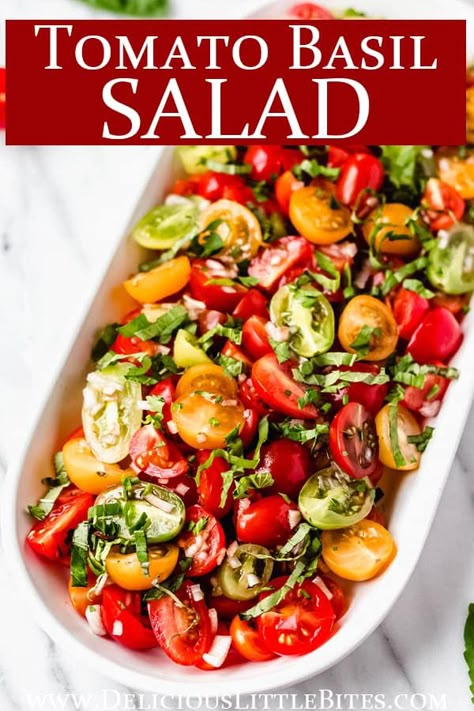 Tomato Basil Salad is the perfect summer side dish to serve at barbecues, cookouts, and picnics outdoors. This healthy recipe features juicy tomatoes and fresh basil, which provide tons of flavor. Quick and easy to prepare, or modify, refreshing Tomato Basil Salad is the versatile, simple side dish you’ve been searching for. | #tomatosalad #marinatedtomatoes #gardentomatoes #heirloomtomatoes, #sidedish #salad Easy Cookout Side Dishes, Tomato Side Dishes, Fresh Basil Recipes, Tomato Basil Salad, Basil Salad, Salad Aesthetic, Fresh Tomato Recipes, Tomato Salad Recipes, Basil Recipes