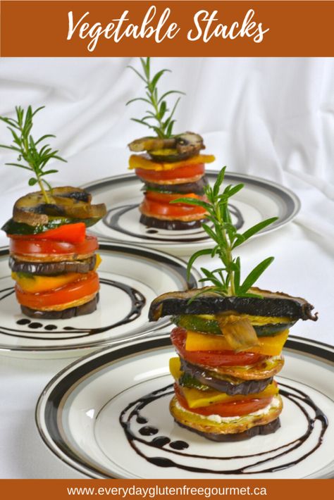 Vegetable Stacks are a gourmet touch for entertaining. Cut the vegetables in similar size pieces and finish each stack with a stem of fresh rosemary. Vegetable Stacks, Vegetable Tian, Balsamic Marinade, Vegetable Slice, Vegetable Appetizers, Marinated Vegetables, Roasted Root Vegetables, Vegetarian Entrees, Tiny Food