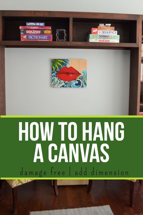 An easy way to hang a canvas painting without damaging your walls. You just need to secure a few things to the back of your canvas. How To Hang Canvas On Wall, Hanging Canvas Art, Painting House, Small Canvas Paintings, Cute Canvas Paintings, How To Hang, Hanging Paintings, Cute Canvas, Painted Boards