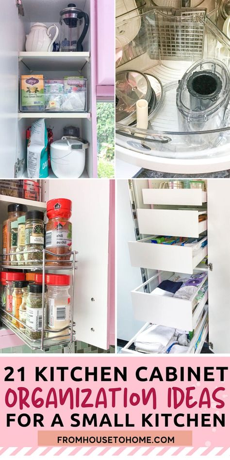 Learn how to organize your kitchen cabinets in a smart and efficient way with these 21 hacks and ideas to organize a small kitchen! Ideas For A Small Kitchen, Tackle Organization, Organize Your Kitchen Cabinets, Cabinet Organization Ideas, Kitchen Cabinet Organization Ideas, Organizing Life, Small Kitchen Cabinets, House To Home, Sewing Room Storage