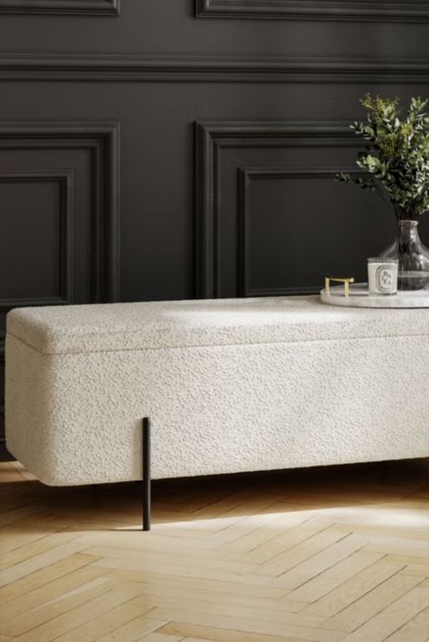 This soft and cosy boucle bench seat has padded cushioning making for an extra comfy perch. The black legs add a sleek and minimalist twist. Cushioned Bench Seat, Bedroom Ottoman Bench, Boucle Storage, Black Storage Ottoman, Grey Storage Bed, Cushioned Bench, Hallway Seating, Beige Headboard, Mirrored Bedroom Furniture