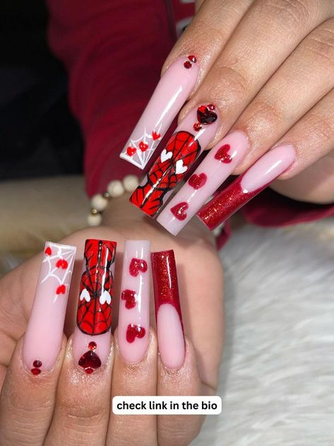 Spiderman nails Spring Acrylic Nails, Valentine Nail Art, Nail Designs Valentines, Short Square Acrylic Nails, Pretty Gel Nails, Really Cute Nails, Amazing Spider Man, Acrylic Nails Coffin Short, Strong Nails