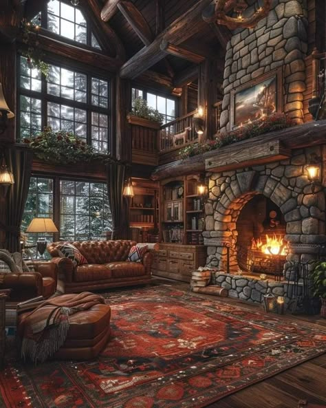 Interior Log Cabin, Mountain Dream Homes, Fantasy Rooms, Dream Life House, Cabin Interiors, Log Cabin Homes, Fantasy House, Barn Style House, Home Fireplace