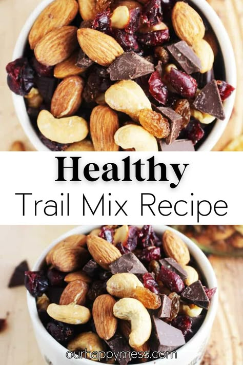 This easy, sweet and salty healthy trail mix recipe is perfect for lunch boxes, after schools snacks, road trips, and parties. Dark chocolate chunks make it an extra-special treat the whole family will love! Easy Healthy Trail Mix Recipes, Trail Mix Christmas, Trail Mix Recipes Healthy, Trailmix Snacks, Healthy Trail Mix Recipes Clean Eating, Trail Mix Goodie Bags, Almond Trail Mix Recipes, Trail Mix Recipes Sweet And Salty, Tropical Trail Mix Recipe