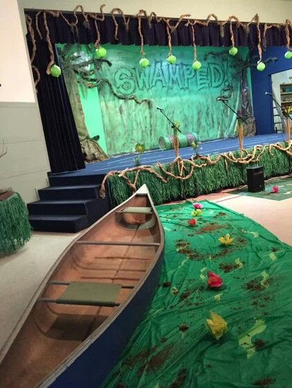 Swamp Pond Stage Prop, Swamp Decorations Diy, Night On The Bayou Theme, Diy Swamp Decorations, Swamp Party Decorations, Swamp Theme Decorations, Swamp Decor, Jungle Stage Design, Shrek Jr Set Design