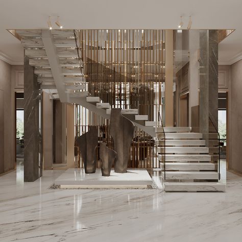 New Classic Villa Interior Design, Luxurious Staircase, Luxury Stairs, Staircase Interior Design, Luxury Staircase, Foyer Staircase, Staircase Design Modern, تصميم للمنزل العصري, Home Stairs Design