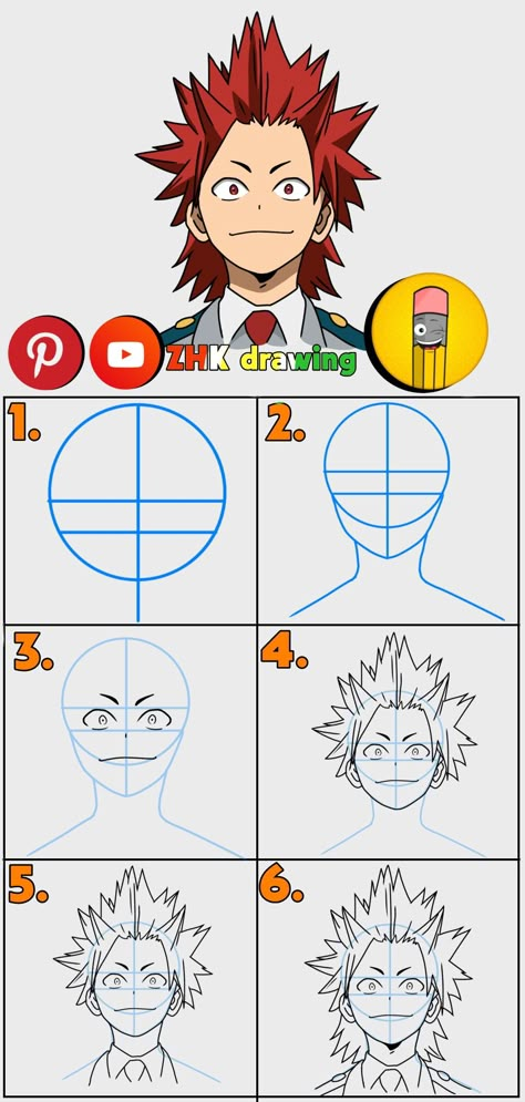 Subscribe to my channel for more tutorial #eijiro #krishima #myheroacademia #draw #drawing #anime #tutorial How To Draw All Might, How To Draw Kirishima, Mha Tutorial, How To Draw My Hero Academia Characters, Anime Drawing Easy Step By Step, Face Art Drawing Sketches, Face Pattern Drawing, How To Draw Anime Characters, Anime Drawing Step By Step