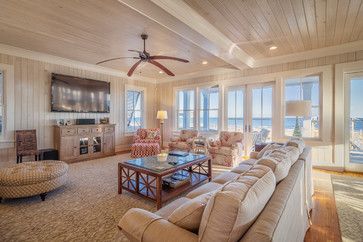 North Litchfield Beach House - coastal - Family Room - Other Metro - Catalyst Architects, LLC Pickled Pine, Coastal Family Rooms, Beach Style Living Room, Pine Walls, Classic Cottage, Bungalow Style, Wood Room, House Beach, Wood Panels