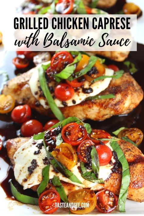 Grilled Chicken Caprese with Balsamic Sauce – so easy to make and so fresh and flavorful! The charred smoky flavor from grilling the chicken takes this classic flavor combo to a whole natha’ level! Grilled Chicken Caprese, Grilled Italian Chicken, Chicken Caprese Recipe, Grilled Chicken Dinner, Saltimbocca Recipe, Chicken Margherita, Balsamic Sauce, Tomato Caprese, Chicken Caprese