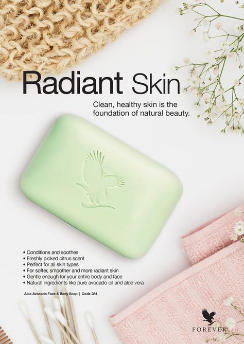 Aloe Avocado Face & Body Soap contains hand harvested, pure aloe vera to help condition and soothe, leaving your skin feeling moisturised all day long. #AloeAvocadoSoap #radiantskin Avocado Soap, Forever Aloe Lips, Forever Bright Toothgel, Jojoba Shampoo, Aloe Soap, Skin Poster, Aloe Lips, Forever Living Aloe Vera, Avocado Benefits