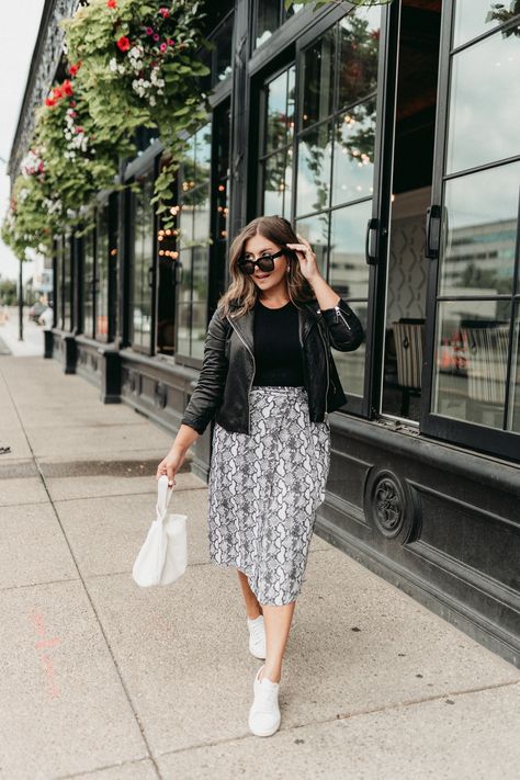 The Python Wrap Skirt ($44.90) which pairs beautifully with the The Python Cami ($34.90). Sizing is consistent with my drop, all styles are available worldwide XXS-3X and I’m wearing an XL. I styled the skirt with this black bodysuit (size L/XL, size 2X/3X available here), black moto jacket (XL, favorite faux option linked here, also XL), my favorite little white sneakers, purse and oversized sunglasses Kathleen Barnes, Snake Print Skirt, Mid Size Outfits, Mid Size Fashion, Cute Modest Outfits, Look Plus Size, The Drop, Mode Inspo, Curvy Outfits