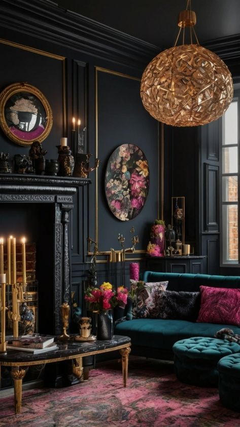 15 Charcoal Couch Living Room Ideas Black Rooms With Pops Of Color, Moody Teal Living Room, Dark Eclectic Maximalism, Moody Rooms Inspiration, Charcoal Couch Living Room, Dark Maximalist Decor, Maximalism Home, Charcoal Couch, Jewel Tone Living Room