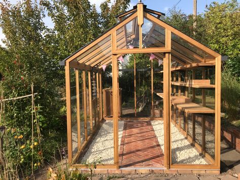 Reclaimed brick path in herringbone pattern, with Cotswold chippings. The edge bricks are mortared down, the ones in the middle are laid on sharp sand (on compacted rubble), with kiln dried sand then brushed in between. Greenhouse is Thurlow from Woodpecker Joinery. Brick Greenhouse Floor, Greenhouse With Brick Floor, Greenhouse Brick Floor, Greenhouse Wooden Ends, Brick And Wood Greenhouse, Greenhouse Flooring, Oak Greenhouse, Greenhouse Floor, Scrap Wood Greenhouse