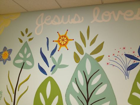 Detail from a church nursery mural by Liz Richter.  #church #nursery #jesuslovesme #midcentury #modern #trees #christian #children #abstract #blue #green #teal Church Nursery Mural, Sunday School Room Decor, Church Mural, Childrens Ministry Decor, Church Nursery Decor, Kids Church Rooms, Kids Church Decor, Nursery Makeover, Sunday School Rooms