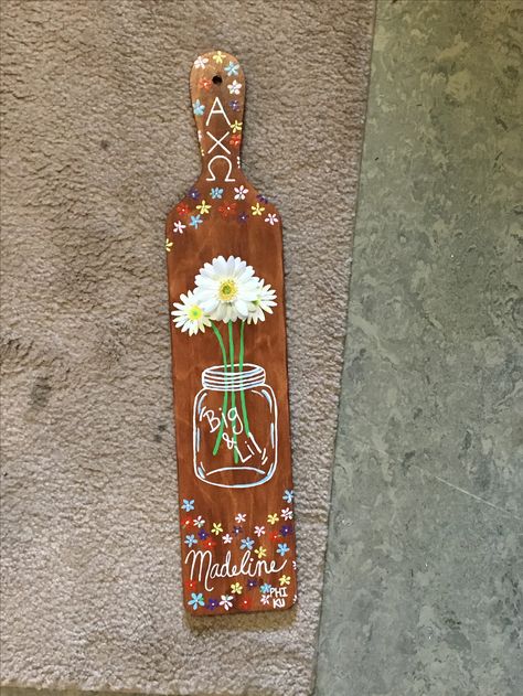 Paddle for alpha chi omega and sorority paddle party! Decorations are from Michaels! Yellow Sorority Paddle, Pillow Paddle Sorority, Chi Omega Paddle, Senior Sorority Paddles, Sorority Paddles Flowers, Sorority Paddles Ideas Simple, Paddles For Big Sorority, Simple Sorority Paddles, Paddle For Big Sorority