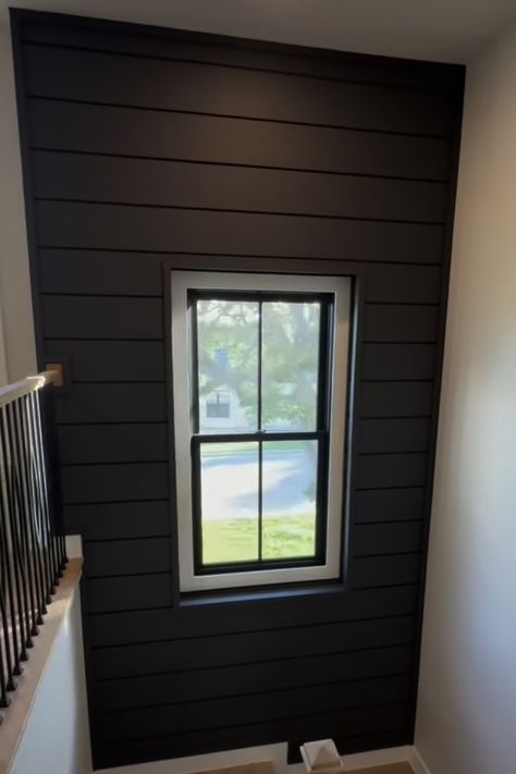 Black Wall With Windows, Wood Wall Design, Family Photo Wall, Georgia Homes, Small Windows, Window Wall, Ship Lap Walls, Bonus Room, Black Walls