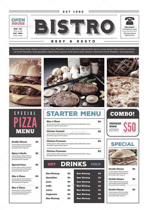 Newspaper Style Food Menu Preview - GraphicRiver Menu Table Design, Food Newspaper, A3 Size Menu Design, Newspaper Menu Design, Diner Menu Design, Retro Menu Design, Vintage Menu Design, Menu Vintage, Starters Menu