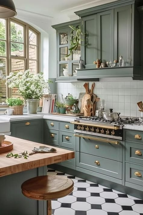 Kitchen With Blue Green Cabinets, Light Blue And Green Kitchen, Charming Kitchen Ideas, Jayco Renovation, Sage Green And Gold Kitchen, Kitchen Remodel Colors, Green And Gold Kitchen, Blue And Green Kitchen, White And Green Kitchen