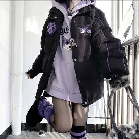 Kuromi Aesthetic Outfit, Sanrio Outfit Aesthetic, Sanrio Jacket, Kuromi And Cinnamoroll, Kuromi Outfit, Kuromi Clothes, Sanrio Outfits, Sanrio Clothes, Kuromi Sanrio