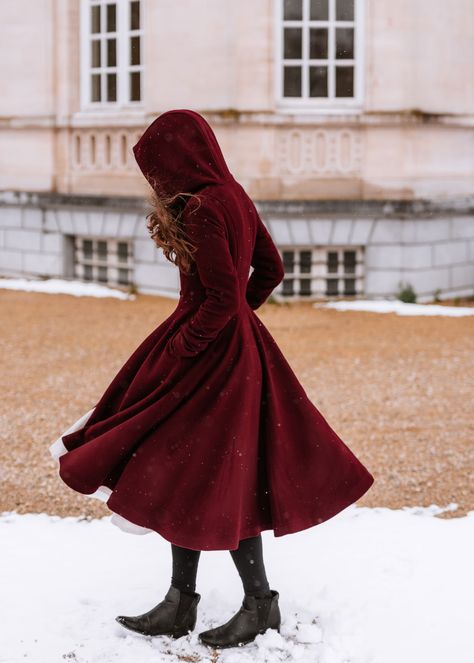 Burgundy Wool Coat, Hooded Wool Coat, Single Breasted Wool Coat, Long Swing Wool Coat, Fit and Flare Coat, Custom Warm Winter Coat 3424 - Etsy Fit And Flare Coat, Hooded Wool Coat, Christmas Dress Women, Wool Winter Coat, Wool Clothing, Knitted Hood, Red Coat, Fashion Line, Vintage Clothes