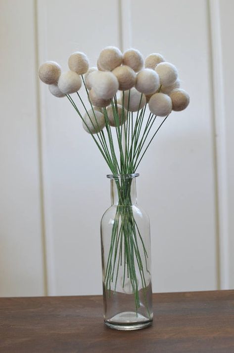 This felt ball floral bouquet is a set of either 12, 21 or 30 wool felted ball flowers in the colors in the photos. If you would like to swap out a color or two, message me and Ill set up a custom listing for you, no extra cost! These pom pom balls are hand felted from 100% sheep wool. Ball Bouquet, Ball Flowers, Pom Pom Balls, Up The Movie, Billy Balls, Short Vase, Floral Wire, White Bouquet, Hand Felted