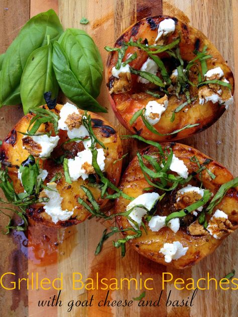 Peaches Appetizer, Grilled Peaches Balsamic, Grilled Peaches Recipe, Balsamic Peach, Baked Peach, Grilled Fruit, Baked Fruit, Grilled Peaches, Goat Cheese Salad