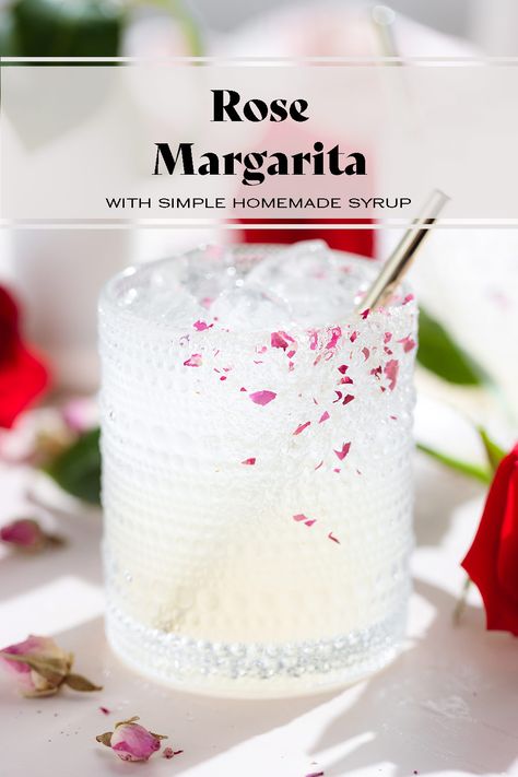 This Rose Margarita is a floral twist on the classic cocktail made with homemade rose syrup. It's super easy to put together and it's a hit at every party! It's also the perfect cocktail for Valentine's Day or Mother's Day! Rose Petal Cocktail, Rose Syrup Drinks, Rose Margarita, Floral Margarita, Rose Drink, Rose Syrup, Beauty And The Beast Theme, Rose Cocktail, Vegan Party