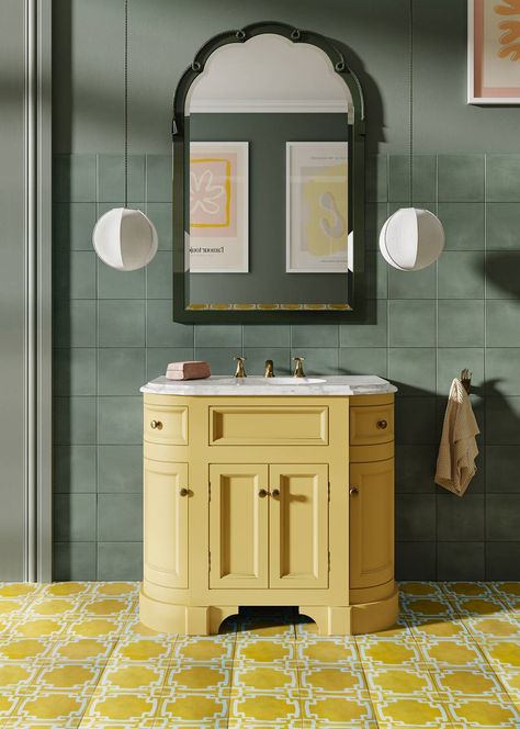 Dayroom Yellow Farrow And Ball, Yellow Colour Schemes, Yellow Bathroom Vanity, Dayroom Yellow, Style A Bathroom, Mustard Bathroom, Craftsman Mirrors, Bathroom Washstand, Yellow Vanity