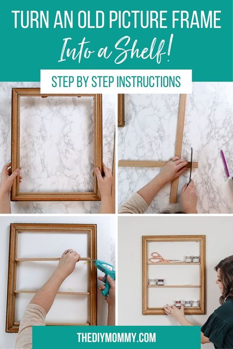 Let's turn an old picture frame into a shelf! This little shelf is the perfect thing to hold small craft supplies, beauty supplies, jewelry, or knick-knacks and it's so easy to make. Picture Frame Upcycle, Frame Upcycle, Diy Upcycled Decor, Upcycle Frames, Upcycled Picture Frames, Picture Frame Projects, Mini Bookshelf, Little Shelf, Small Picture Frames