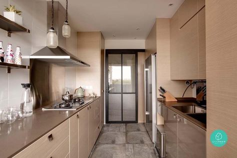 If you're thinking there's no point spending too much money on your tiny kitchen, wait till you see these amazing ones. Kitchen Cabinets Singapore, 5 Room Bto, Kitchen Sliding Door, Hdb Renovation, Kitchen Yard, Kitchen Door Designs, Hdb Kitchen, Cook For One, Wet Kitchen