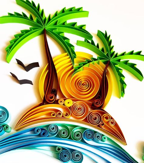 #beach #island #palm #beachlife #paperart #gift #giftideas #original #originalartwork #uniquegifts #uniquegift #giftforhim #giftforher… Teknik Quilling, Quiling Paper Art, Wall Art Paper, Arte Quilling, Paper Quilling For Beginners, Quilling Work, Desain Quilling, Paper Quilling Patterns, Quilled Paper Art