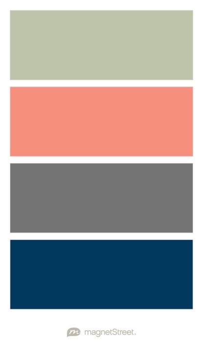 Sage, Coral, Charcoal, and Navy Wedding Color Palette - custom color palette created at MagnetStreet.com Pumpkin Wedding Colors, Beach Color Schemes, Sage Wedding Colors, Navy Wedding Colors, Custom Refrigerator, Beach Wedding Colors, Beach Color, Antique Blue, Crab Apple