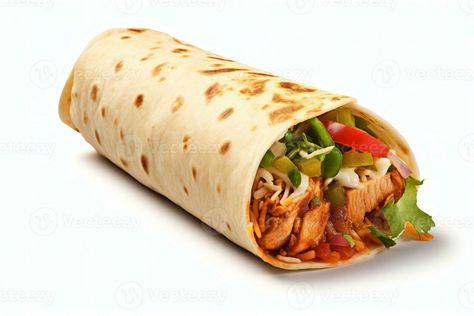 Traditional shawarma isolated on white background. Chicken meat, vegetables and salad are wrapped in pita bread.  Side view AI Generative Chicken Meat, Chicken Shawarma, Pita Bread, Meat Chickens, Side View, Pita, Food Animals, White Background, Salad