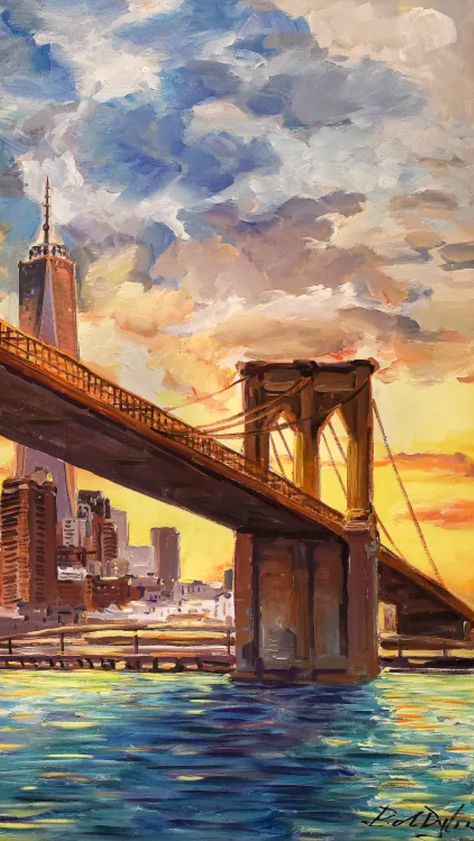 City Skyline Painting Acrylic, Acrylic Painting New York, Nyc Painting Acrylic, Drawing Seasons, Brooklyn Painting, Bridge Art Paintings, Nyc Painting, Nyc Watercolor, New York Landscape