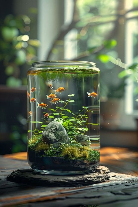 Underwater Terrarium, Fish Aquarium Ideas, Mini Ecosystem, Mini Fish Tank, Underwater Wonderland, Aquarium Inspiration, Whimsical Decorations, Small Water Gardens, Fish Tank Themes