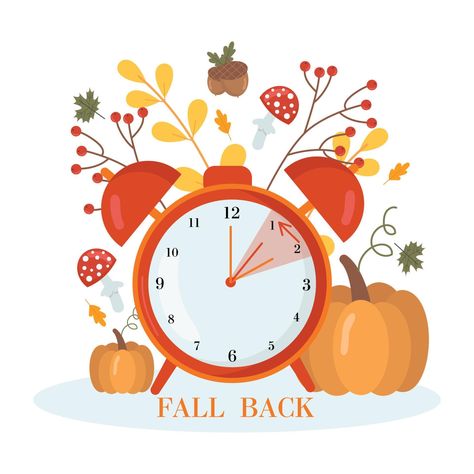 Daylight saving time concept.Alarm clock  on the autumn leaves and pumpkins background. The reminder text - set clock back one hour. Vector illustration Set Clocks Back, Daylight Saving Time Ends, Time Clipart, Time Concept, Daylight Saving Time, Daylight Saving, Clocks Back, Daylight Savings, Daylight Savings Time