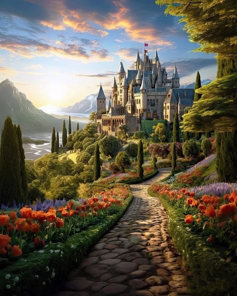 Beautiful Kingdom Art, Tulip Landscape, Nature Castle, Beauty Layout, Kingdom Aesthetic, Fantasy Castles, Fantasy Kingdom, Castle House Design, Fantasy Village