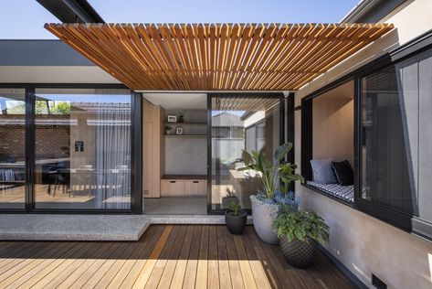 Patio Roof Extension Ideas, 1950s Home, Skillion Roof, Modern Patio Design, Recycled Brick, 1950s House, Roof Extension, House Backyard, Stone Facade