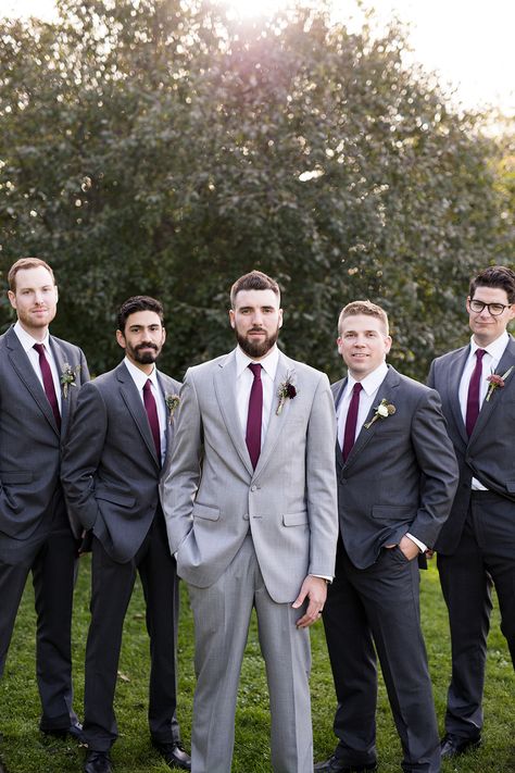 Groomsmen Grey Suit Burgundy Tie, Burgundy And Blush Mens Wedding Attire, Burgundy Bridesmaid Dresses Grey Suits, Cabernet Groomsmen Attire, Grey And Burgundy Groomsmen, Maroon Wedding Theme Groomsmen, Burgundy And Grey Groomsmen Attire, Groom And Groomsmen Attire Fall Wedding, Wine Groomsmen Attire