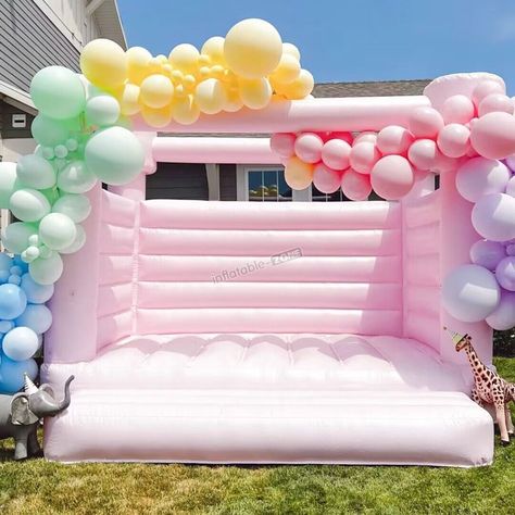 Pink Jumping Castle, Pastel Bouncy Castle, Pink Bounce House With Balloons, Pastel Bounce House, Pink Bouncy Castle, Wedding Bounce House, Pastel Pink Wedding, Bounce Castle, Bouncy Castles