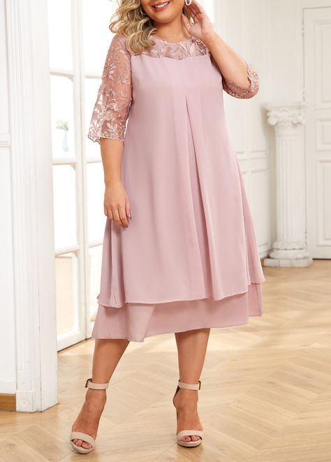 Light Pink Embroidery Plus Size A Line Dress | modlily.com - USD 38.98 Layered Wedding Dresses, Mog Dresses, Plain Midi Dress, Mom Dresses, Pink A Line Dress, Embroidery Light, Plus Size Elegant Dresses, Latest Dress For Women, Bride Gown