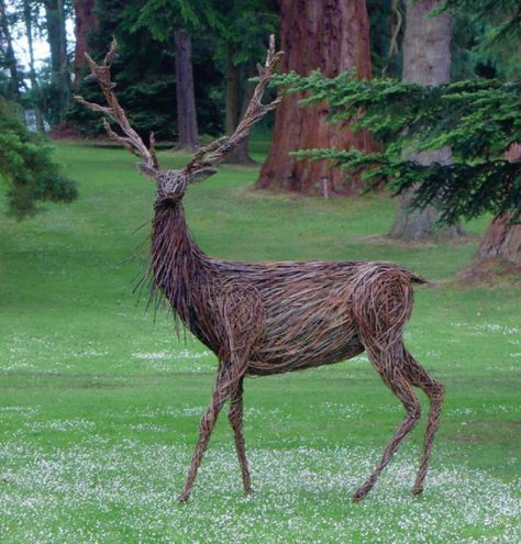 Image Hebrides Scotland, Willow Garden, Driftwood Sculpture, Garden Whimsy, Wicker Decor, Tree Sculpture, A Deer, Outdoor Sculpture, Wire Sculpture