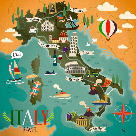 Italy Travel Map, Italy Illustration, Sicily Travel, Infographic Map, Location Icon, Italy Map, Italian Words, Regions Of Italy, Travel Theme