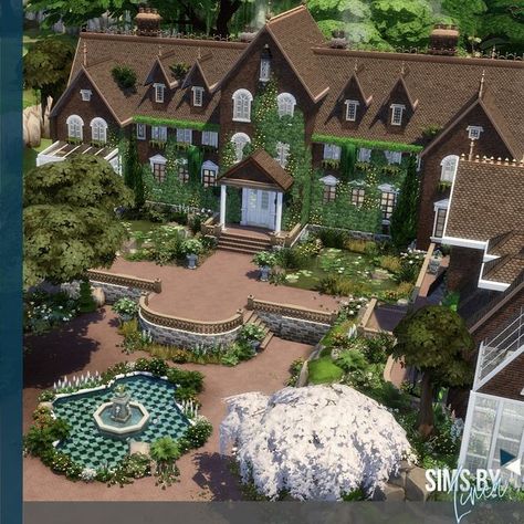 Sims 4 Country Manor, English House Sims 4, Sims 4 Hedge Maze, Sims 4 Country Estate, Sims 4 Manor House, Sims 4 Mansion Download, Manor House Exterior, Country Club Exterior, Sims 4 Mansion Floor Plans