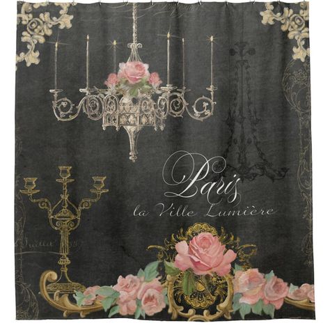 Romantic Bathroom Decor, Rose Chandelier, Parisian Bathroom, Romantic Bathrooms, Rose Shower Curtain, Romantic Paris, Garden Shower, Rose Garland, Romantic Home Decor