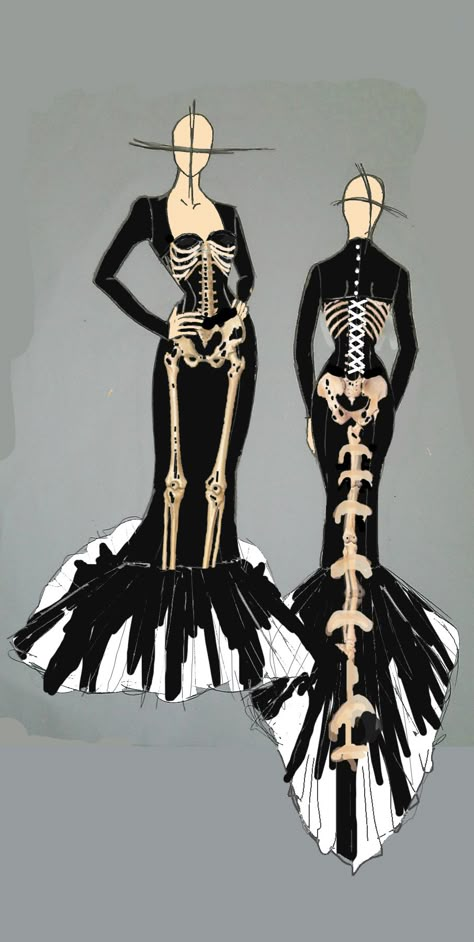 Halloween Dress Illustration, Skeleton Fashion Design, Outfit Ideas Templates, Skeleton Aesthetic Outfit, Anatomy Fashion Design, Queen Outfits Drawing, Halloween 2023 Trends, Halloween Fashion Illustration, Skeleton Armor