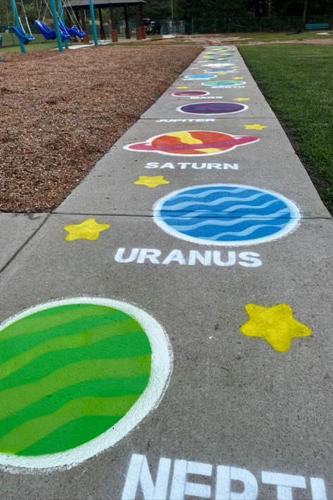 The Solar System Playground Stencil can get your students moving and playing with unlimited creative play activities. Playground Painting Ideas, Playground Stencils, Playground Mural, Primary School Playground, Asphalt Games, Elementary School Playground, Playground Painting, Home Daycare Ideas, Sensory Path